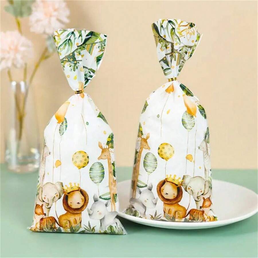 50 Pieces Jungle Animal Cellophane Treat Bags, Green Golden Safari Animal Palm Leaves Plastic Candy Goodie Bags With 50Pcs Golden Twist Ties For Wild One Safari Shower Birthday Party Favors