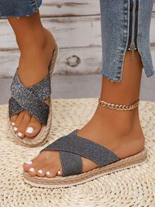 女式圓頭低跟平底涼鞋,夏季戶外度假休閒舒適抗滑平底拖鞋 - 黑色 - 查看 1