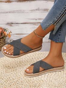 女式圓頭低跟平底涼鞋,夏季戶外度假休閒舒適抗滑平底拖鞋 - 黑色 - 查看 2