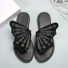 女式時尚休閒蝴蝶裝飾和鑽石設計拖鞋 - 黑色 - 查看 7