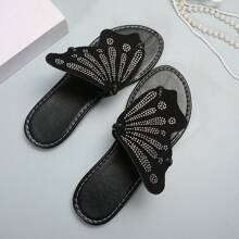 女式時尚休閒蝴蝶裝飾和鑽石設計拖鞋 - 黑色 - 查看 4