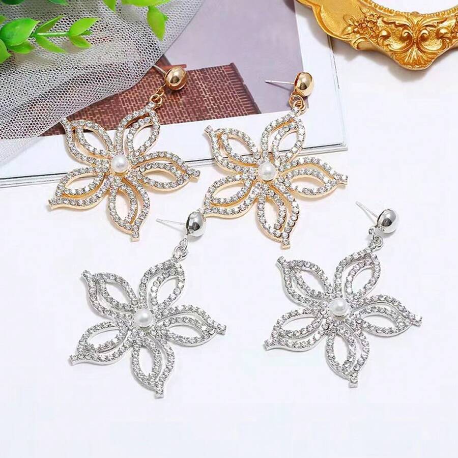 1 對花卉水鑽耳環時尚浪漫宣言吊墜耳環歐美風格 - 金色 - 查看 1