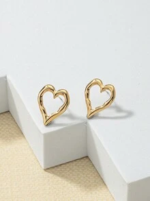 1pair Fashionable Hollow Out Heart Shaped Stud Earrings For Women, Daily Wear, Valentine's Day Gift - Yellow Gold - View 4