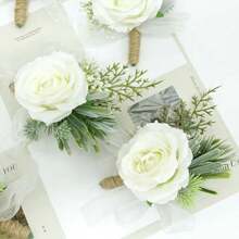 1 件，时尚优雅的男士胸花 - 非常适合婚礼、伴郎、周年纪念、派对和舞会 - 人造花打造永恒而轻松的外观，圣诞节 - 白色 - 查看 3