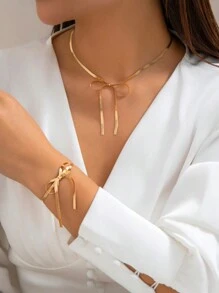 2pcs Fashionable Delicate Bowknot Design Metal Ribbon Necklace & Bracelet For Women, Elegant Jewelry Set Gift - Yellow Gold - View 11