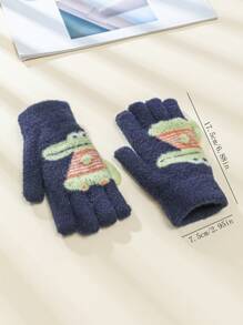 1對恐龍設計五指毛絨針織手套,適合3-12歲兒童,冬季男孩/嬰兒/兒童手部保暖 - 藏蓝色 - 查看 2