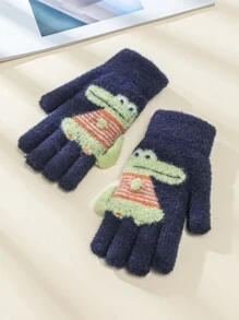 1對恐龍設計五指毛絨針織手套,適合3-12歲兒童,冬季男孩/嬰兒/兒童手部保暖 - 藏蓝色 - 查看 5