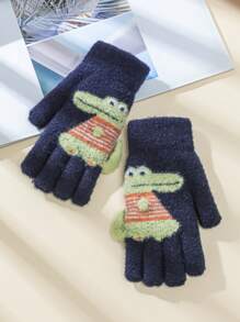 1對恐龍設計五指毛絨針織手套,適合3-12歲兒童,冬季男孩/嬰兒/兒童手部保暖 - 藏蓝色 - 查看 3