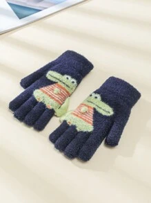 1對恐龍設計五指毛絨針織手套,適合3-12歲兒童,冬季男孩/嬰兒/兒童手部保暖 - 藏蓝色 - 查看 6