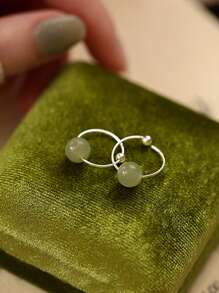 1對女士925純銀復古簡約綠色人造和田玉珠耳環,時尚豪華古風精細耳環,適用於日常生活派對珠寶首飾禮品 - 銀色 - 查看 2