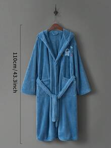 TUQIANG 1入組太空刺繡圖案浴袍,珊瑚絨材質柔軟舒適帶帽沐浴袍,適用於家居和休閒 - 霧霾藍 - 查看 2