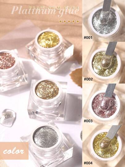 Set de 4 piezas de Gel de Platino de Alta Densidad, 5g por tubo. Este gel contiene partículas únicas de platino de alta densidad que pueden crear un brillo brillante en tus uñas, iniciando un viaje de arte de uñas brillante.