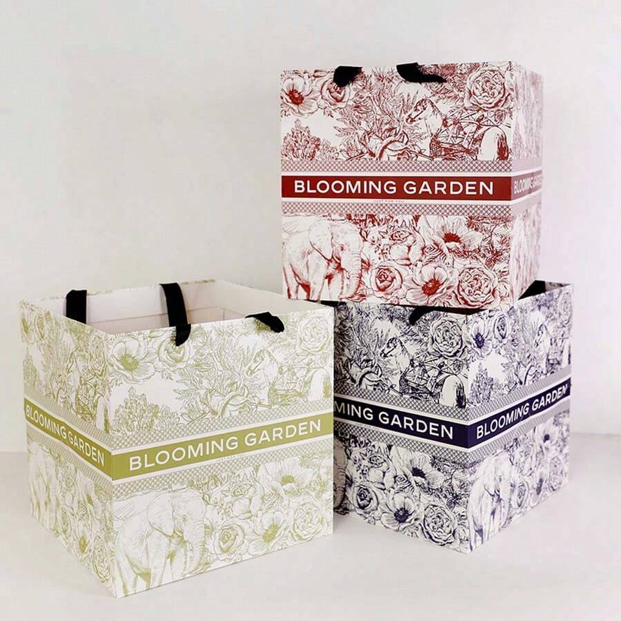 2入組/包花卉包裝手提盒,印有花名和花束設計圖案