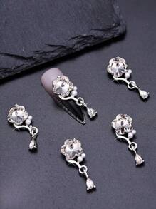 10pcs 3d Alloy Flower Design With Rhinestone And Pearl Decor Nail Art Decoration, Y2k Style Classic Nail Accessory - White - View 3