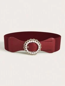 2023新款女裝歐美時尚通勤洋裝紅鑽珍珠裝飾百搭外套優雅西裝腰帶pu彈性女士腰帶 - 酒紅色 - 查看 2