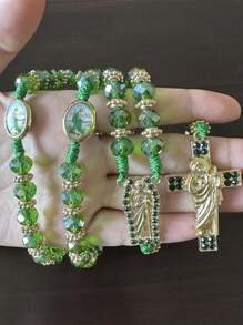 1 Stück Rosenkranz mit Heiliger Judas grünen Kristallperlen, katholische Halskette mit Kreuzanhänger, Schutz, Segen, katholischer handgemachter Schmuck, Geschenkanhänger, Auto-Anhänger, Geschenk zu Weihnachten, Halloween, Valentinstag für Männer und Frauen