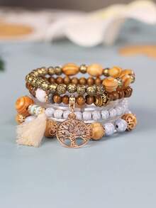 4 件/套波西米亞風格串珠手鍊,帶生命之樹吊墜和流蘇,適合女士/情侶 - 白色 - 查看 2