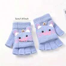 1pair Knitted Gloves With Half Finger Cute Cartoon Thickened Flap To Keep Warm In Autumn And Winter - Pink - View 2