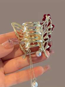 1pc Faux Pearl & Tassel Hair Claw, Red Rose Hairpin, Metallic Hair Claw, Suitable For Daily Wear Elegant Bow - Gold - View 3