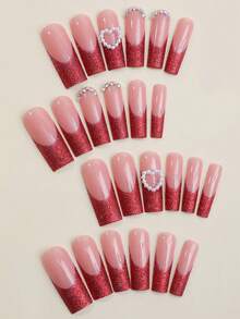 24 Pcs Extra Long Press On Nails Red French Fake Nail 3D White Pearl Heart Decorations And Colour Bling Press On  Rhinestone Full Covered Acrylic Nude Nails For Ladies And Girls - Multicolor - View 3
