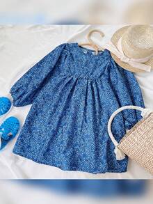 Young Girls' Cute & Fashionable Blue Floral Puff Sleeve Princess Dress For Spring/Autumn - Blue - View 5