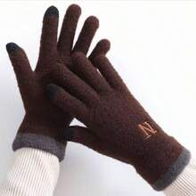 1對男女通用刺繡咖啡色針織五指保暖手套 - 咖啡色 - 查看 3