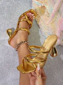 女士品牌金飾金字塔高跟拖鞋涼鞋,華麗的派對高跟鞋露趾涼鞋
