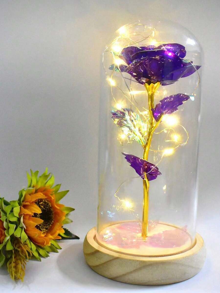 Preserved Rose With Glass Dome Decoration, Valentine'S Day Gift For Him/Her, Birthday Gift, Creative Artificial Flower Ornament - Purple - View 1