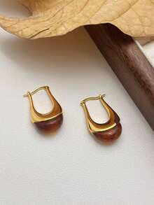 2pcs U-Shaped Vintage Metal & Water Drop Shaped Elegant Earrings, Fashionable Accessory For Women - Amber Brown - View 8