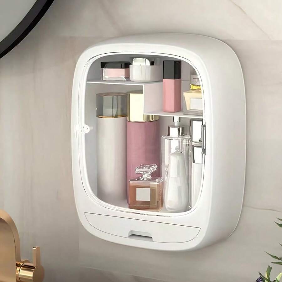 Wall-Mounted Cosmetic Skin Care Storage Box With Drawer And Transparent Cover, No Drilling Bathroom Sink Storage Rack - White - View 1