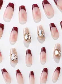 30pcs Coffin-Shaped Long Nail Art Tips With French Style Rhinestone And Glitter, Including 1 Nail File And Jelly Gel - Burgundy - View 5