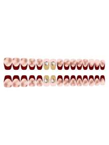 30pcs Coffin-Shaped Long Nail Art Tips With French Style Rhinestone And Glitter, Including 1 Nail File And Jelly Gel - Burgundy - View 8
