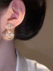 1pair Faux Pearls & Rhinestone Clover & Flower Shaped Personalized Design Elegant Earrings Luxury Women's Jewelry - Multicolor - View 4