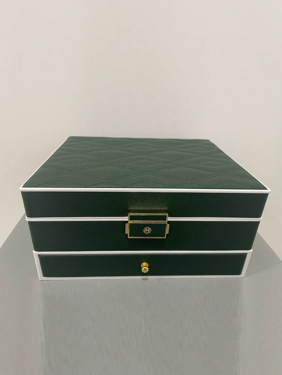 1pc Solid Color Pu Leather Cosmetic Box With Multiple Layers And Large Capacity For Makeup Tool Storage - Green - View 1