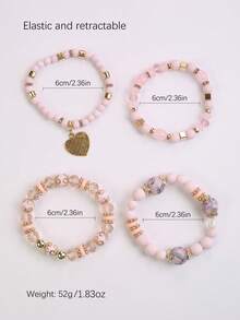 4入組波西米亞風格多層粉色手工手鐲,帶金屬心形吊墜 - 粉色 - 查看 4