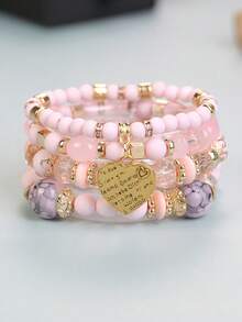 4入組波西米亞風格多層粉色手工手鐲,帶金屬心形吊墜 - 粉色 - 查看 2
