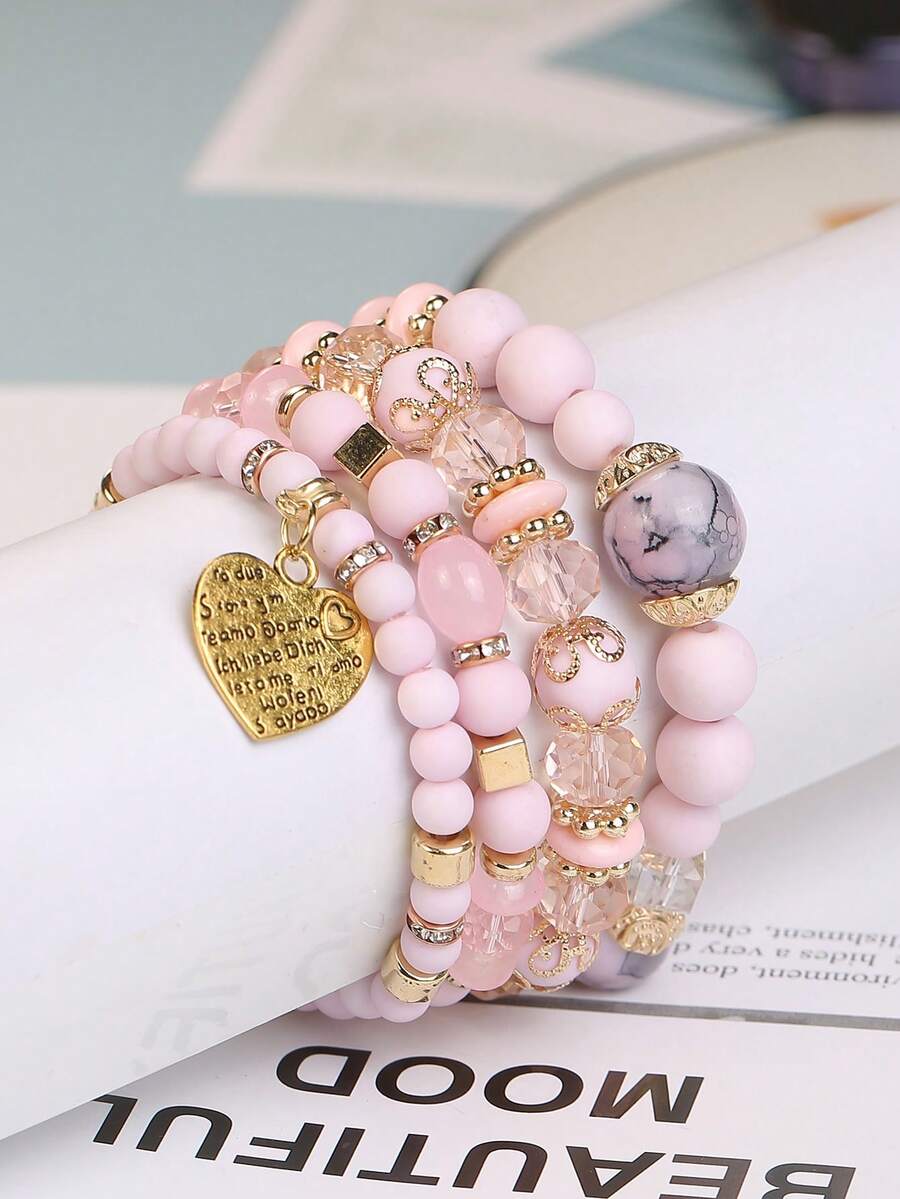 4入組波西米亞風格多層粉色手工手鐲,帶金屬心形吊墜 - 粉色 - 查看 1