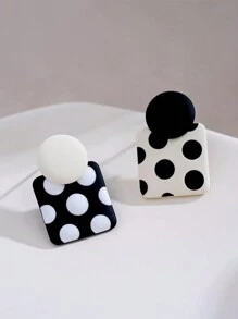 1pair Asymmetrical Square & Circle Black & White Geometric Design Simple & Fashionable Earrings For Women's Jewelry - Multicolor - View 12