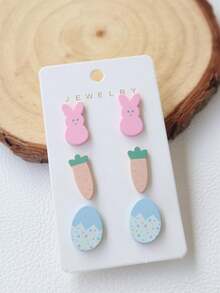 1 Set, Including 3 Pairs Of Acrylic Clay Coated Paint Ear Studs For Easter Theme, Such As Colorful Eggs, Rabbit, Carrot, Cute Cartoon, Fun-Ins Style Earrings - Easter - View 3