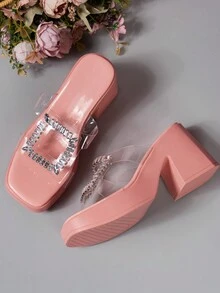 2024新款歐美風尖頭高跟鑲鑽透明大碼拖鞋,適合沙灘、厚底,現貨供應 - 粉色 - 查看 4