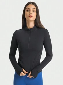 Women'S Long Sleeve Crop Top Quick Dry Cropped Workout Shirts Half Zip Pullover Running Athletic Shirt - Black - View 5