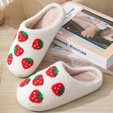 女款卡通可愛保暖拖鞋,秋冬季節,保暖,防滑,舒適暖和,毛茸茸內裡 - 草莓 - 查看 3