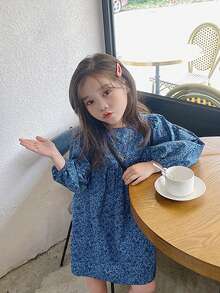 Young Girls' Cute & Fashionable Blue Floral Puff Sleeve Princess Dress For Spring/Autumn - Blue - View 4