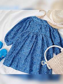 Young Girls' Cute & Fashionable Blue Floral Puff Sleeve Princess Dress For Spring/Autumn - Blue - View 6