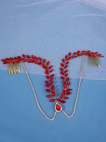 1 件優雅手工綠色編織髮梳,飾有紅色浪漫頭飾和藍色活潑明亮配件,適合新娘派對 - 紅色 - 查看 2