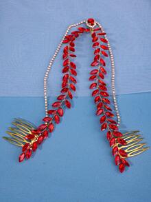 1 件優雅手工綠色編織髮梳,飾有紅色浪漫頭飾和藍色活潑明亮配件,適合新娘派對 - 紅色 - 查看 4