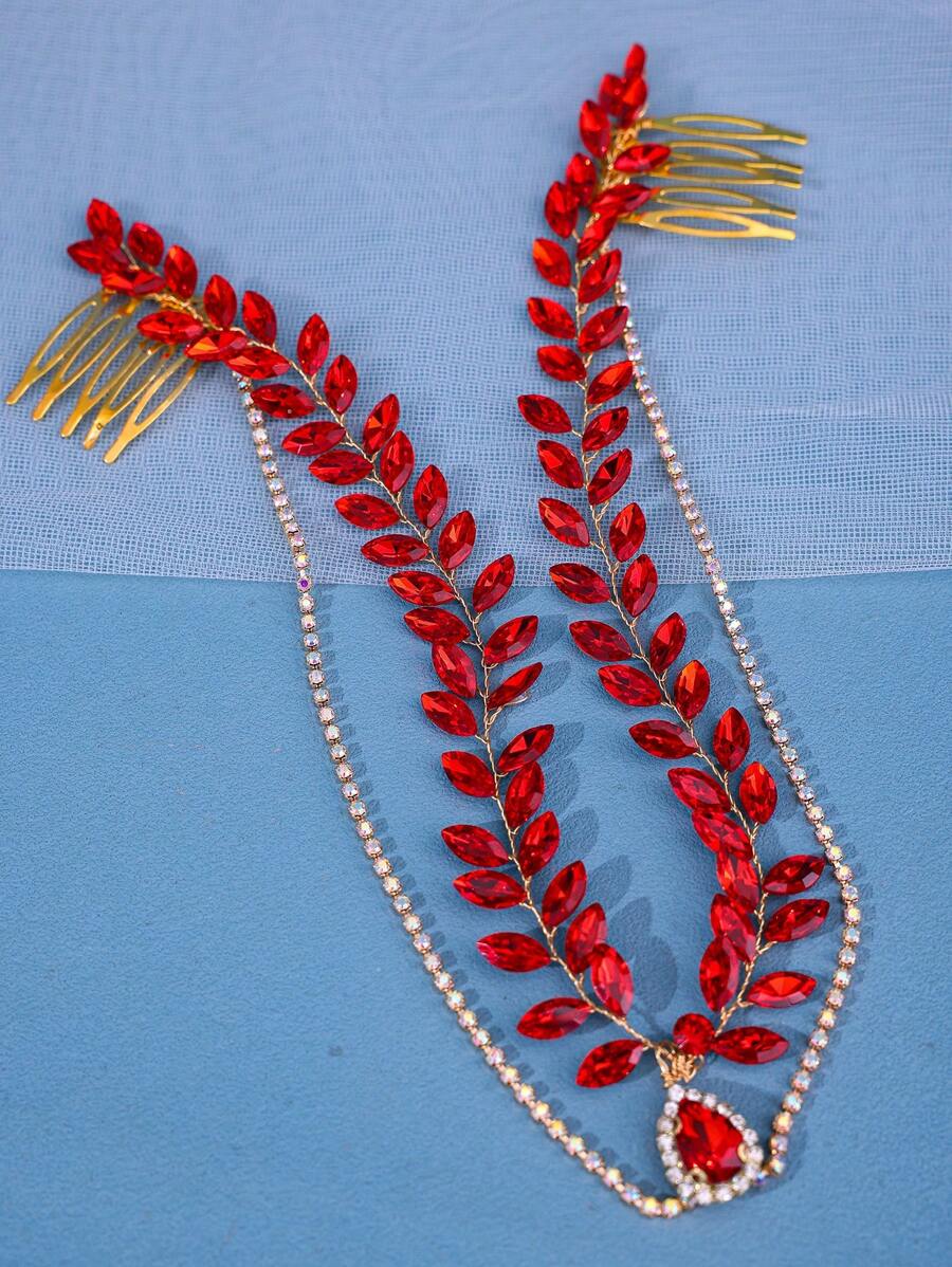 1 件優雅手工綠色編織髮梳,飾有紅色浪漫頭飾和藍色活潑明亮配件,適合新娘派對 - 紅色 - 查看 1