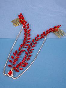 1 件優雅手工綠色編織髮梳,飾有紅色浪漫頭飾和藍色活潑明亮配件,適合新娘派對 - 紅色 - 查看 3