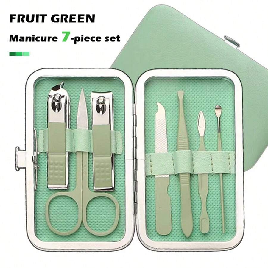 7入組不銹鋼修甲套裝 - 包括指甲刀,趾甲刀和去除老廣角器,附帶皮革旅行盒,非常適合男女和父親節禮物 - 綠色 - 查看 1
