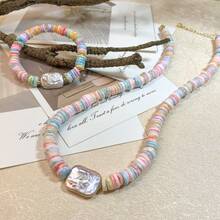 2pcs Holiday Style Rectangular Pearl Colored Shell Necklace (With Extension Chain) Bracelet Set Suitable For Women's Daily Wear (Gift Box) - Colorful Pearl Shell Necklace Set - View 2